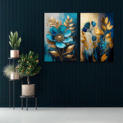 Teal Blue Gold Floral Canvas Painting Set of 2 Modern Wall Art (18 x 24 Inches Each Part)