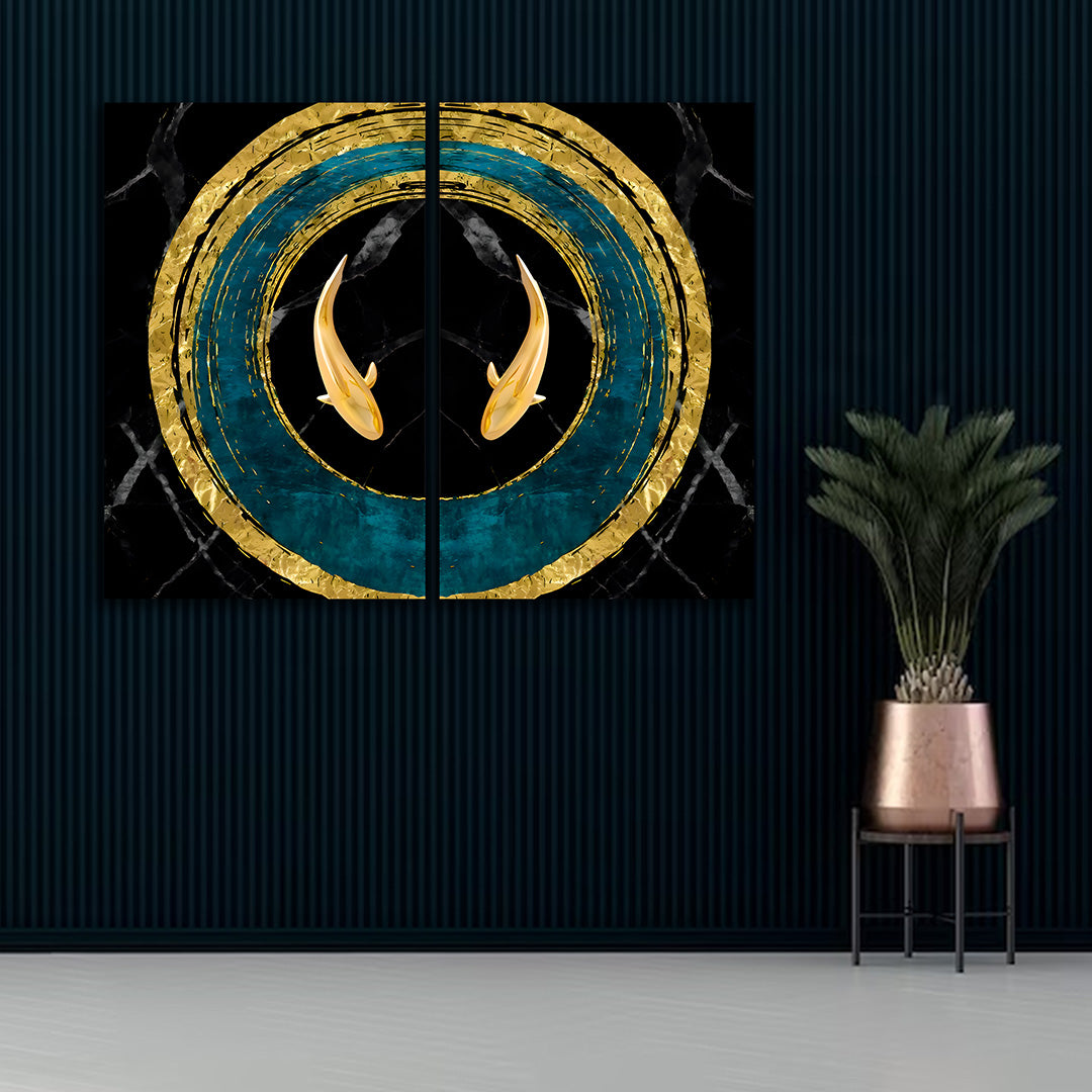 Abstract Gold Koi Fish Circle Canvas Painting Wall Art Set – Frame for Living Room (18 x 24 Inches Each Part)