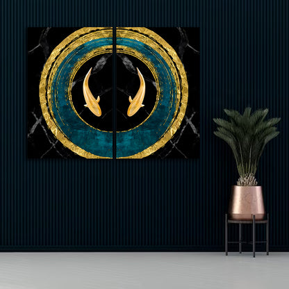 Abstract Gold Koi Fish Circle Canvas Painting Wall Art Set – Frame for Living Room (18 x 24 Inches Each Part)