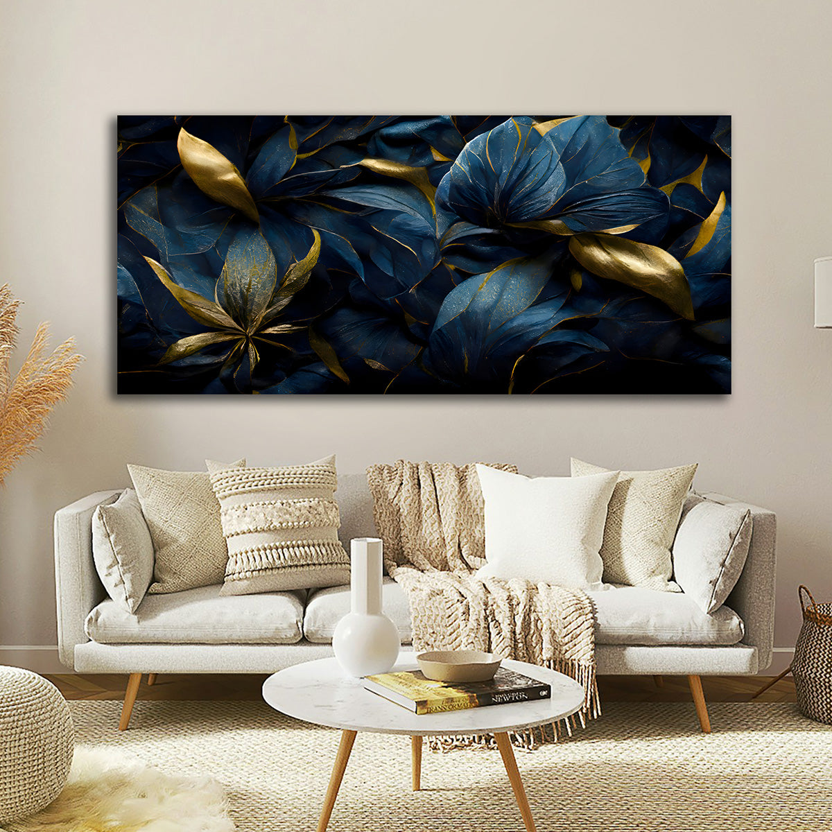 Abstract Blue Gold Floral Canvas Painting Wall Art – Large Size Frame for Living Room Decor