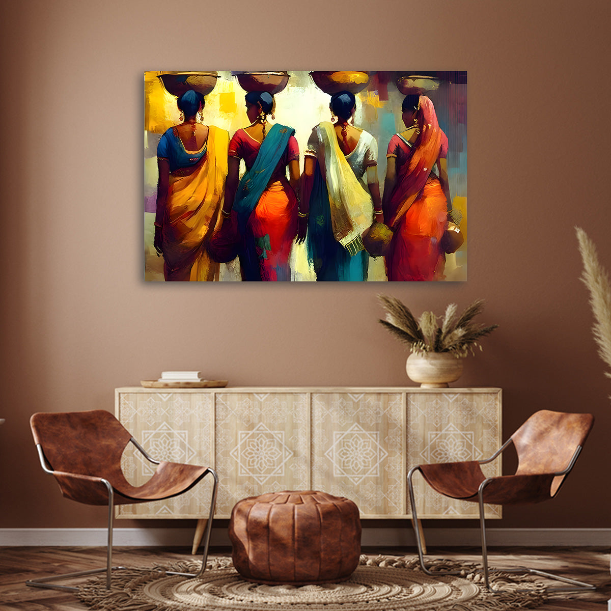Traditional Indian Women Canvas Wall Painting | Colorful Village Life Artwork for Living Room Decor