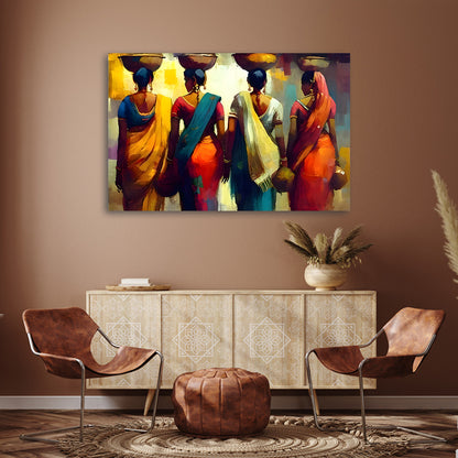 Traditional Indian Women Canvas Wall Painting | Colorful Village Life Artwork for Living Room Decor