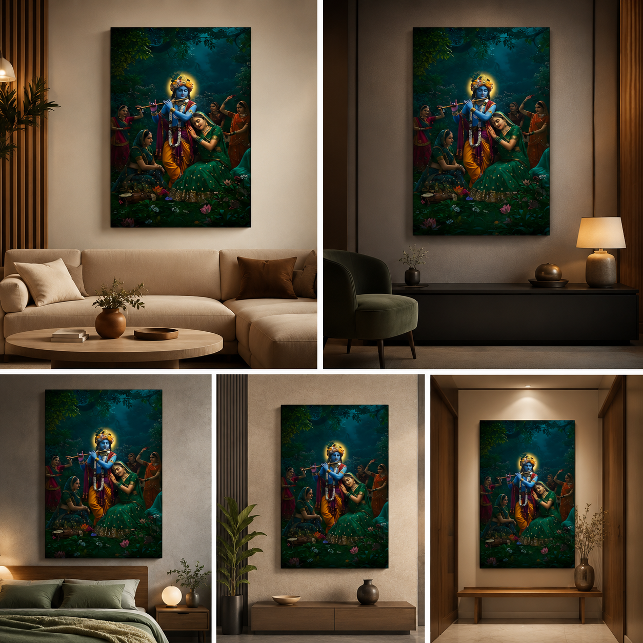 Krishna Raas Leela Canvas Painting Frame Vertical Spiritual Wall Decor for Living Room
