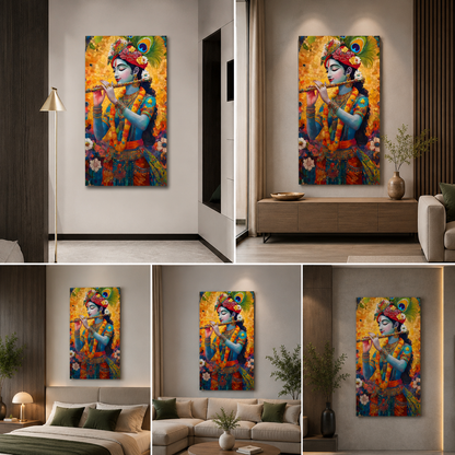 Colorful Lord Krishna Canvas Painting Frame | Vibrant Mosaic Krishna Wall Art | Premium Spiritual Canvas Wall Decor for Living Room