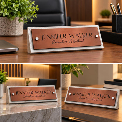 Custom Executive Desk Name Plate with Copper Finish, Engraved Text and Marble Base