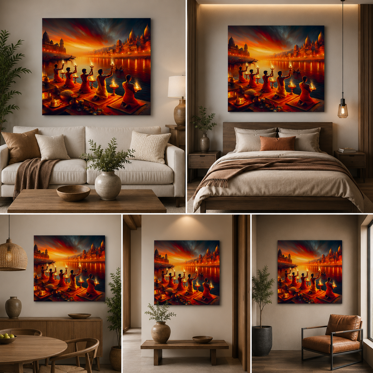 Ganga Aarti Varanasi Canvas Painting Frame – Spiritual River Ritual Canvas Wall Art Painting Frame for Living Room Wall Decor
