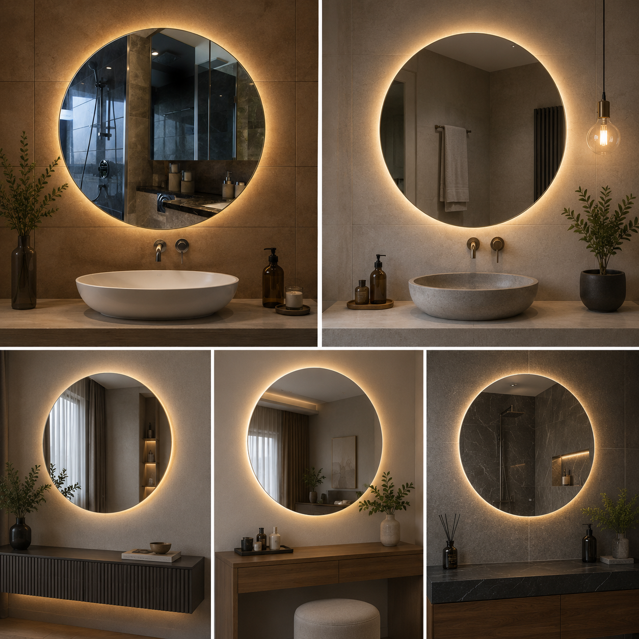 Modern Round LED Bathroom Mirror with Warm Backlight | Minimal Circular Vanity Wall Mirror for Home & Hotel
