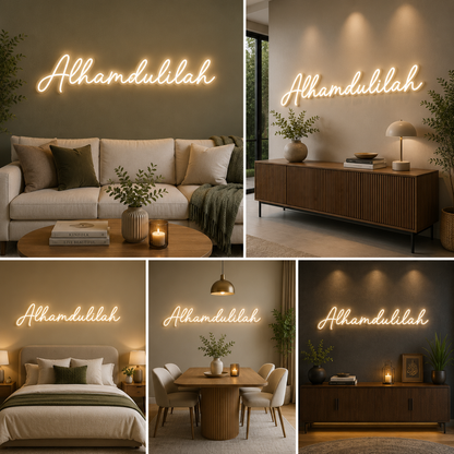 Alhamdulillah Neon Sign Board | White LED Custom Neon Light Islamic Wall Decor Sign (24x12 In)