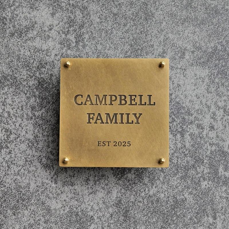 Premium Brass-Look Family Name Plate with Personalized Engraving and Decorative Gold Screws