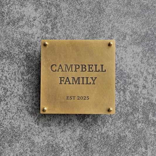 Premium Brass-Look Family Name Plate with Personalized Engraving and Decorative Gold Screws