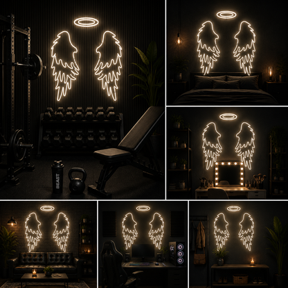 Warm White Angel Wings with Halo Custom Neon Sign Board | Luxury Neon Light | Custom Neon Light | Neon Sign Board Customised (48 By 48 Inches)