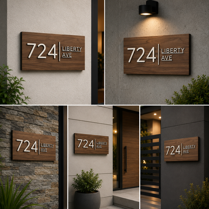 Modern Wooden Finish Acrylic House Number Name Plate | Premium Address Sign with 3D Letters | Contemporary Door Sign