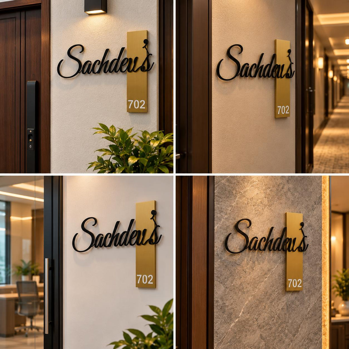 Custom 3D Metal House Name Plate with Black Script Lettering and Gold Number Plaque