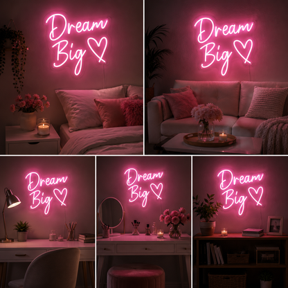 Dream Big Neon Sign Board | Pink LED Custom Neon Light Sign for Bedroom, Kids Room & Aesthetic Wall Decor