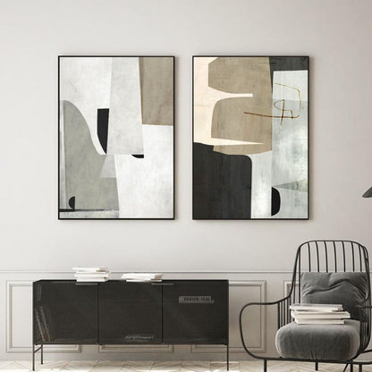 Minimalist beige and grey abstract canvas painting set for living room and office walls