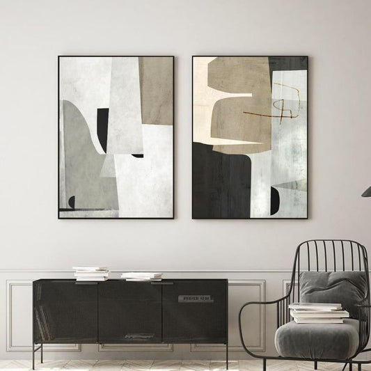 Minimalist beige and grey abstract canvas painting set for living room and office walls