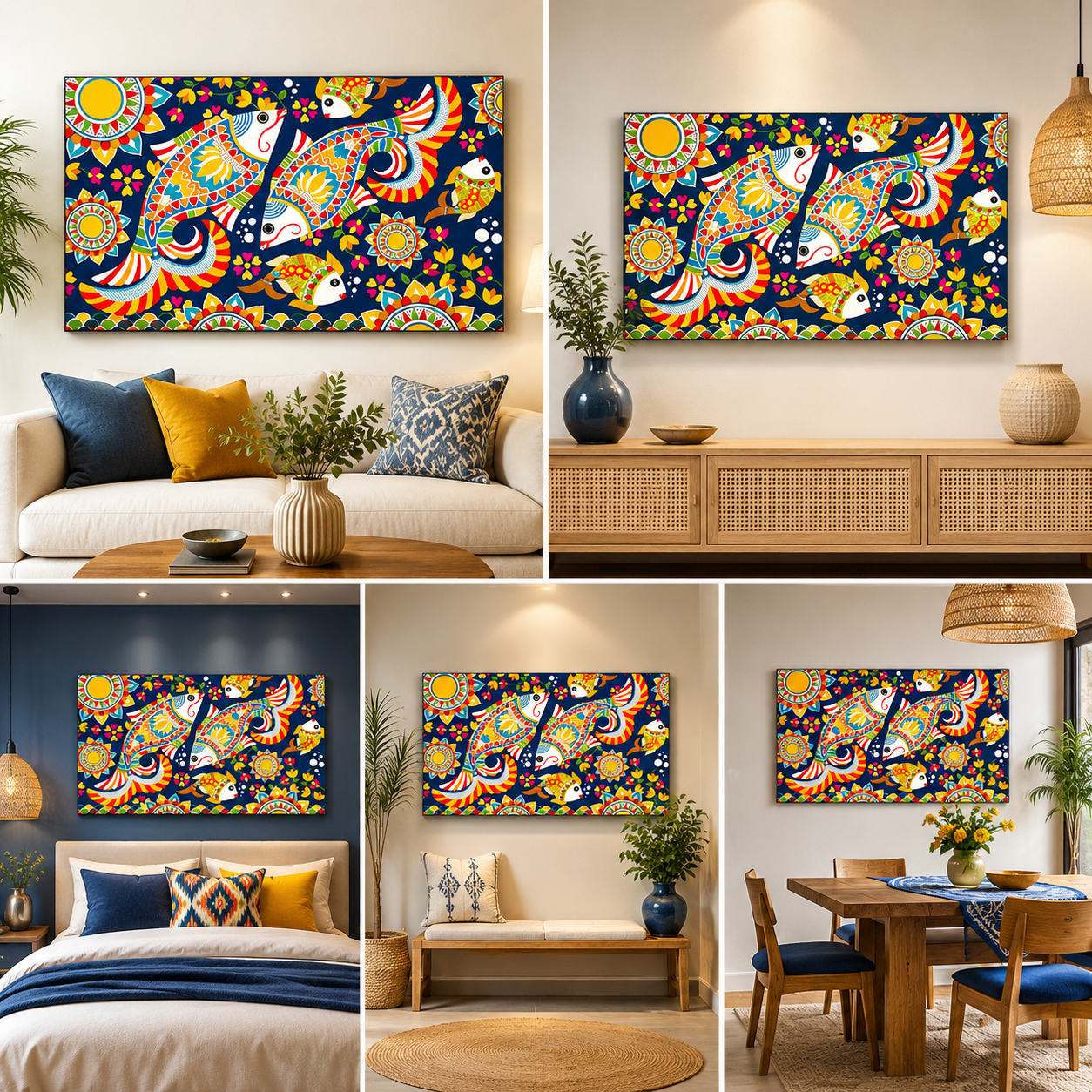 Fish Madhubani Canvas Painting Frame for Living Room Wall Decor