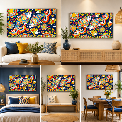 Fish Madhubani Canvas Painting Frame for Living Room Wall Decor