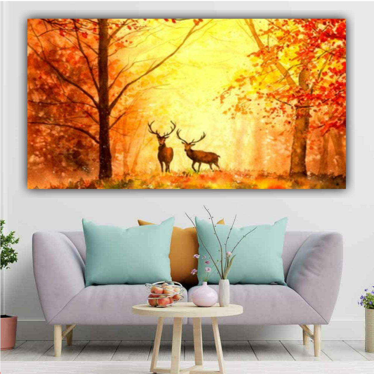 Beautiful Canvas Painting Deer in Autumn Forest Wall Painting Frame for Living Room