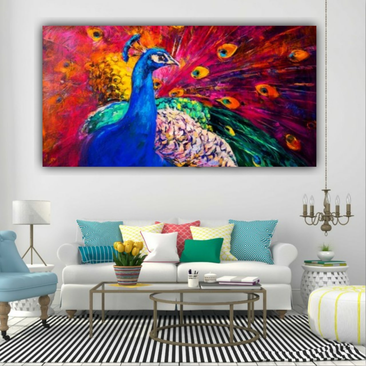Madhubani Canvas Painting Peacock Dance Wall Frame