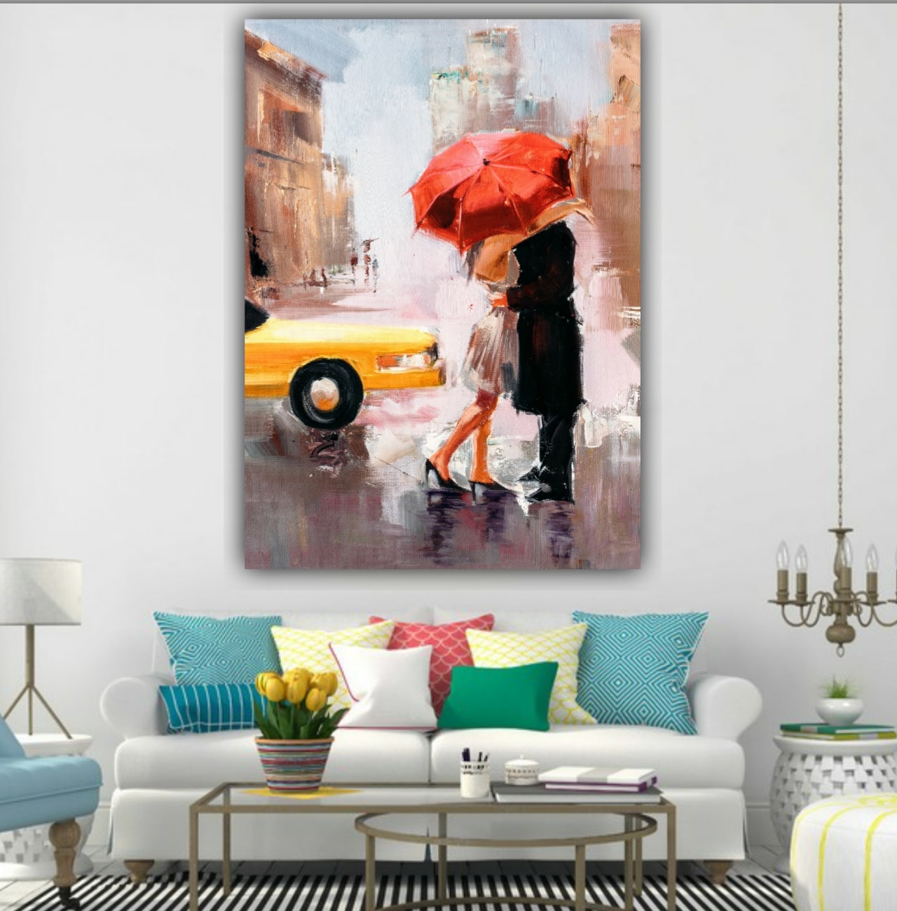 Canvas Painting Abstract Wall Frame for Living Room A Couple in Umbrella