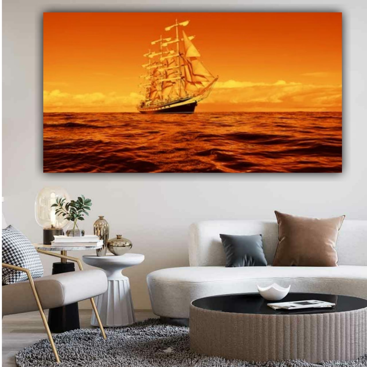 Canvas Painting Beautiful Sailing Ship Landscape Wall Painting Frame