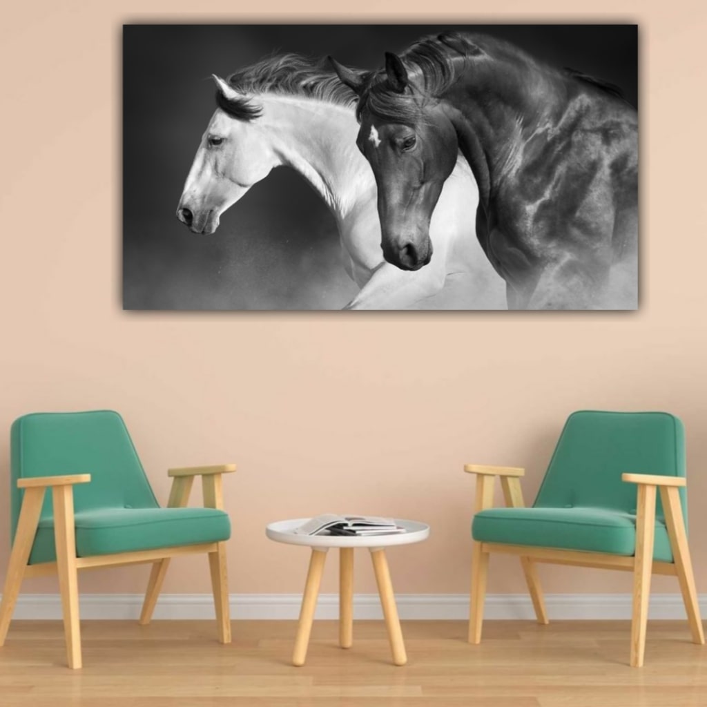 Black and White Running Horses Vastu Painting Canvas Wall Frame 