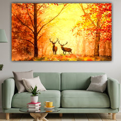 Handmade Canvas Painting Deer in Autumn Forest Landscape Wall Art Painting Frame for Wall Decoration | Canvas Acrylic Painting (48 by 24 Inches)