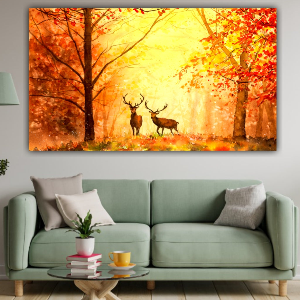 Wildlife Landscape Deer in Autumn Forest Painting for Home