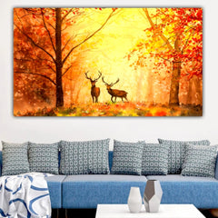 Handmade Canvas Painting Deer in Autumn Forest Landscape Wall Art Painting Frame for Wall Decoration | Canvas Acrylic Painting (48 by 24 Inches)