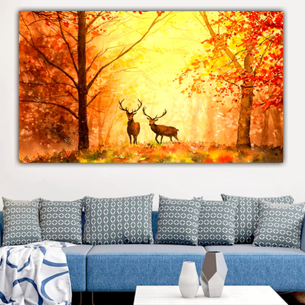 Wildlife Landscape Deer in Autumn Forest Painting for Home