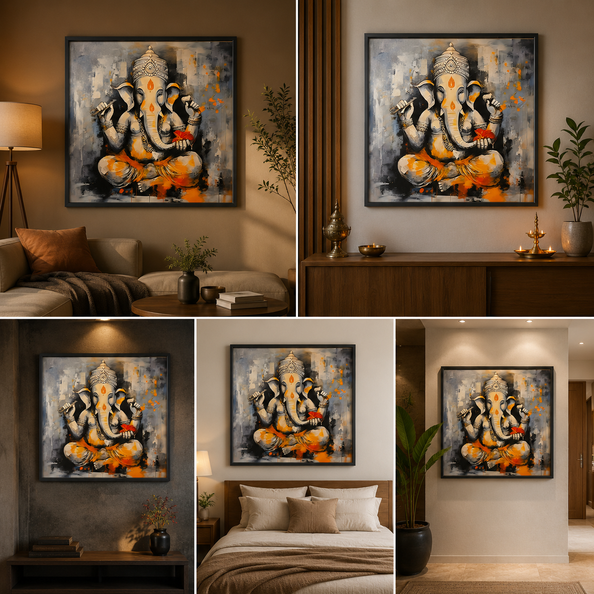 Modern Lord Ganesha in grey, black and orange canvas artwork shown above a sofa, consoles and bed and on an entryway wall.