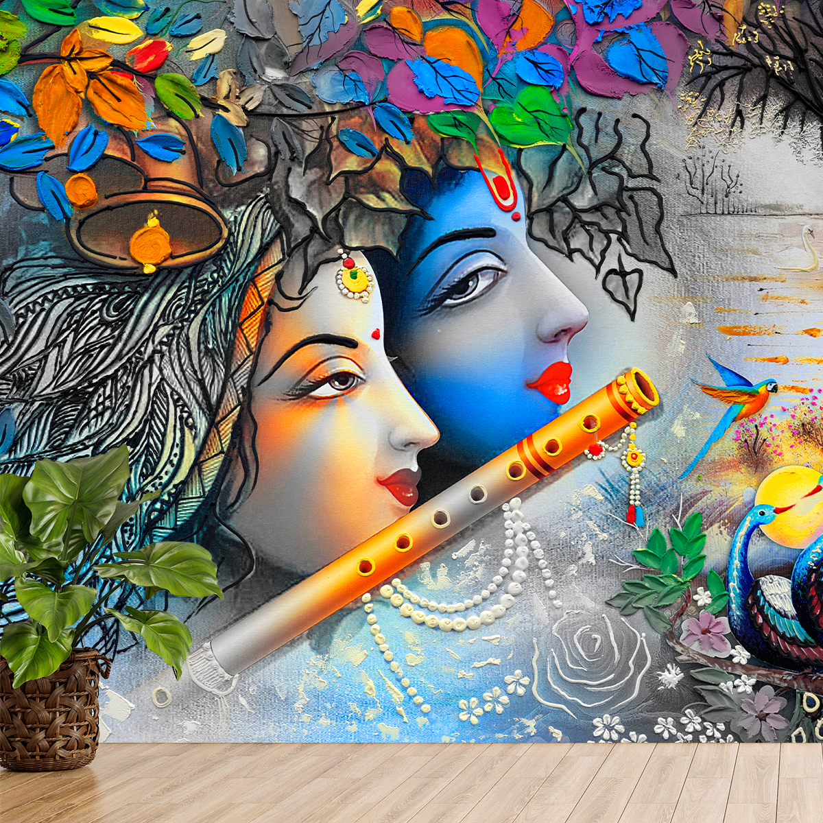 Premium Radha Krishna Wallpaper for Temple Decors | HD Self Adhesive Wallpapers
