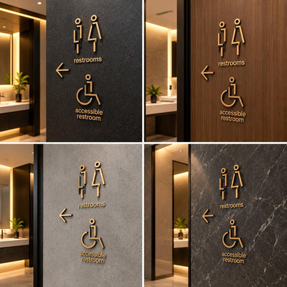 Gold Accessible Restroom Sign with Male Female Symbols and Left Arrow, Wall Mounted (6 x 8 inches)
