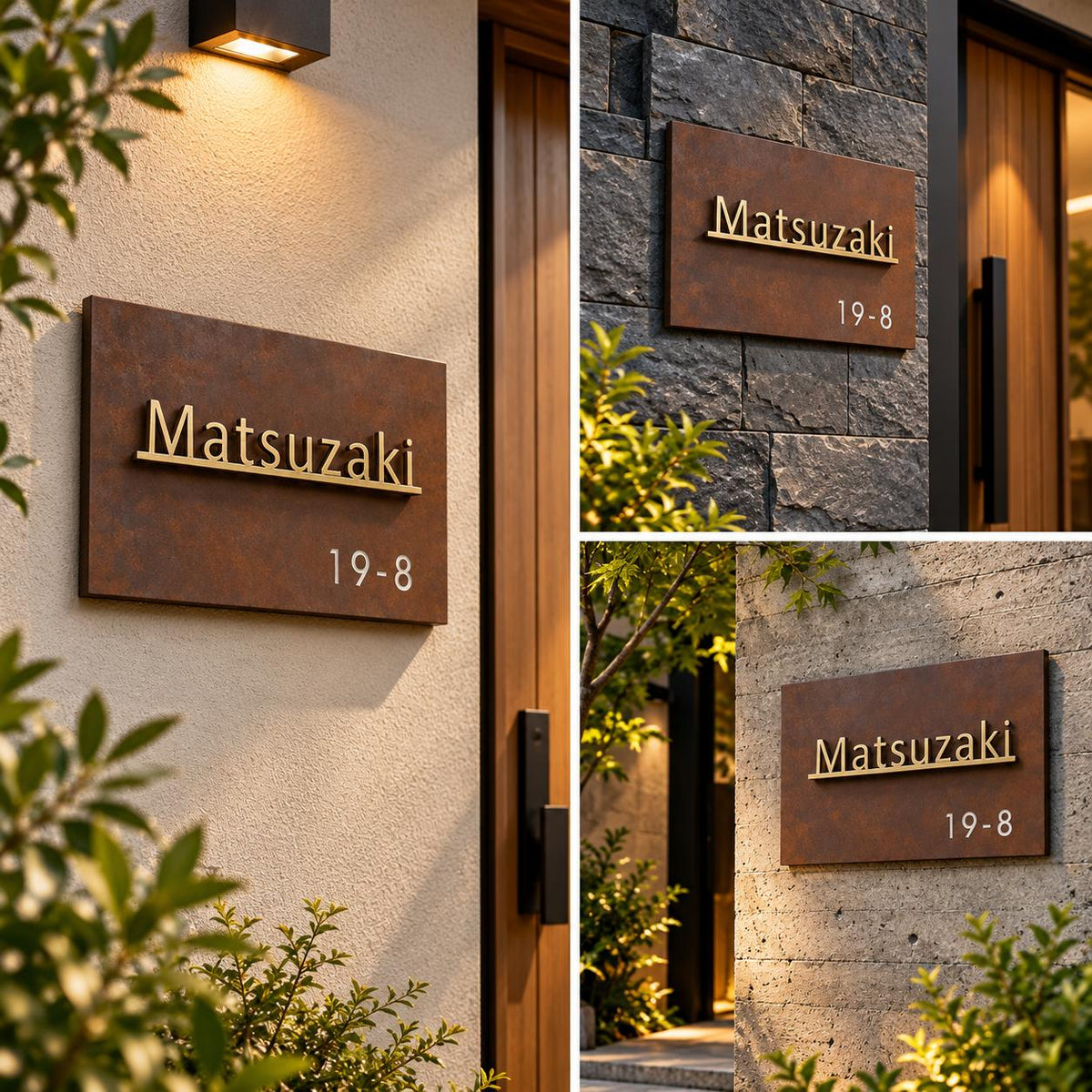 Custom 3D Metal House Name Plate with Rust Finish, Gold Lettering & Address Number