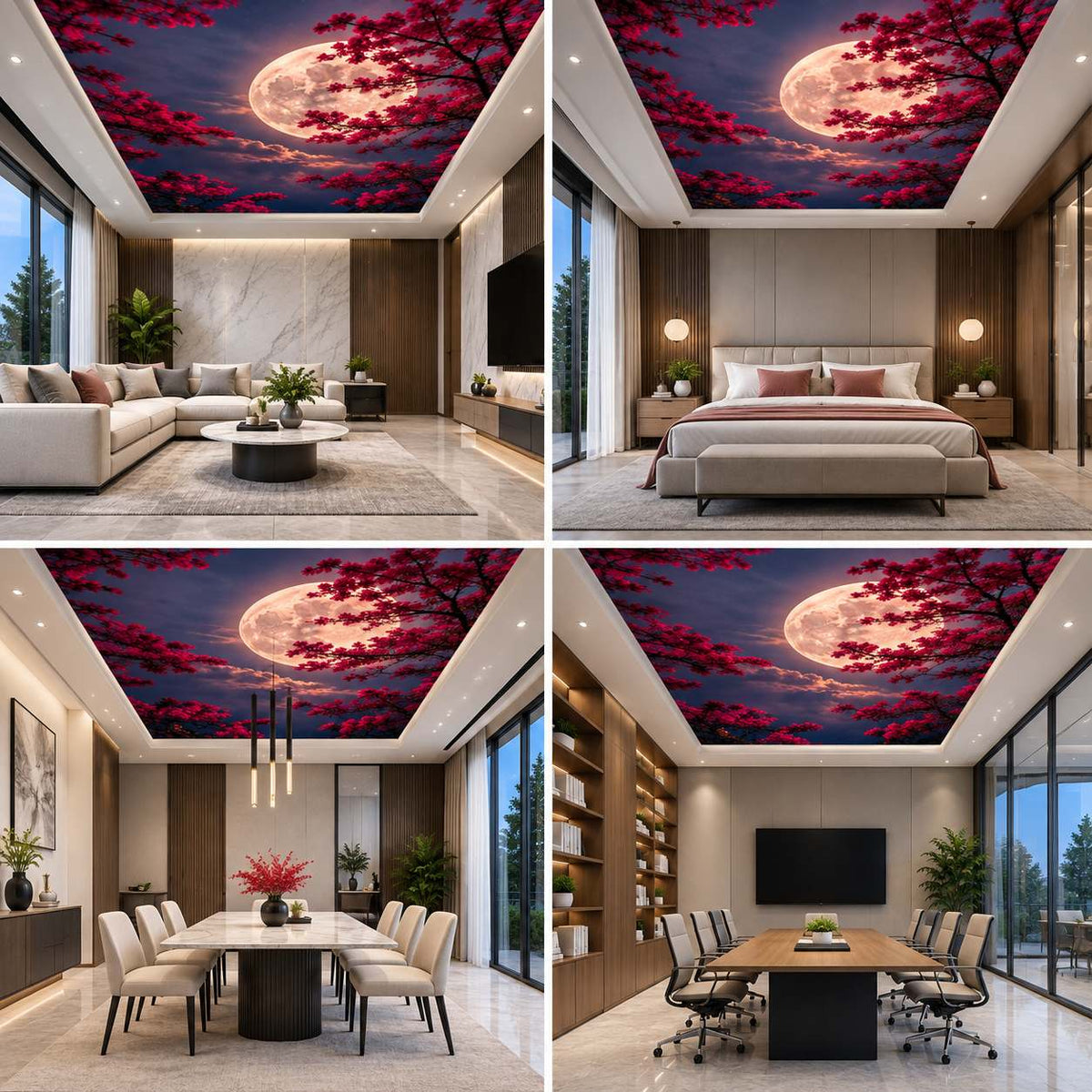 Moonlit Cherry Blossom 3D Ceiling Mural – Full Moon Night Sky Ceiling Art for Luxury Interiors
