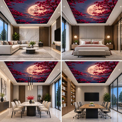 Moonlit Cherry Blossom 3D Ceiling Mural – Full Moon Night Sky Ceiling Art for Luxury Interiors