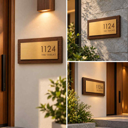 Modern Wooden House Name Plate with Gold Finish Panel and Custom House Number