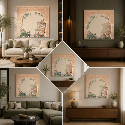 Mughal Palace Peacock Canvas Wall Art | Arch Garden Scene Painting | Elegant Indian Heritage Decor
