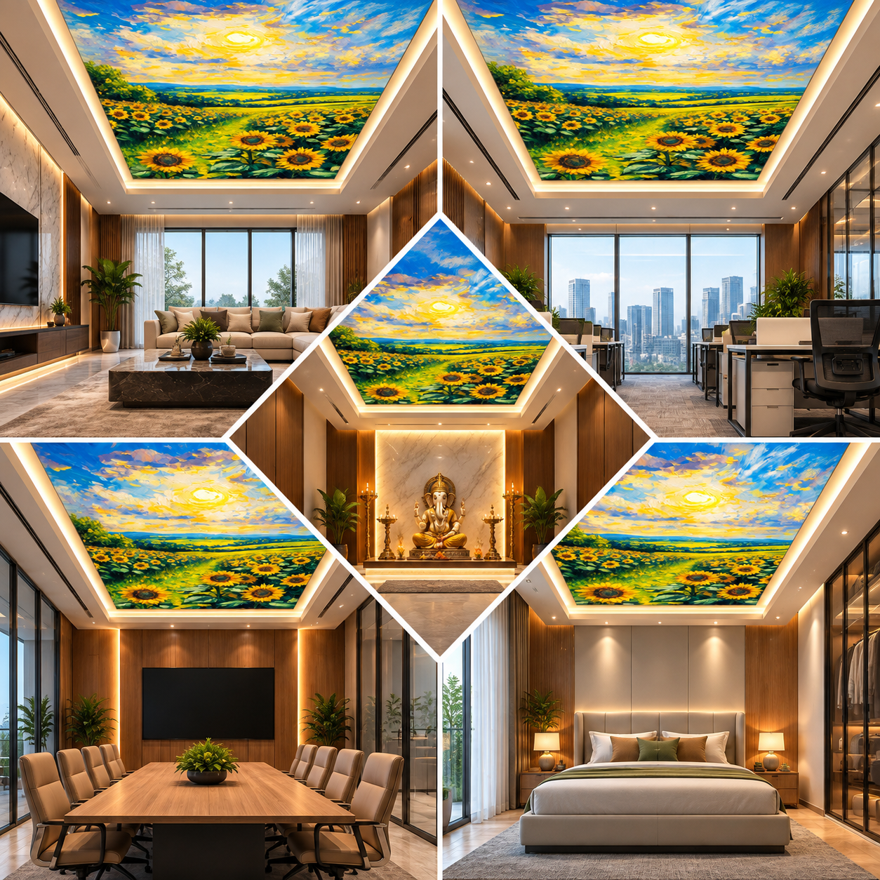 3D Sunflower Meadow Sky Ceiling Design with Golden Sun & Blue Sky for Luxury Interiors