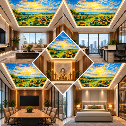 3D Sunflower Meadow Sky Ceiling Design with Golden Sun & Blue Sky for Luxury Interiors