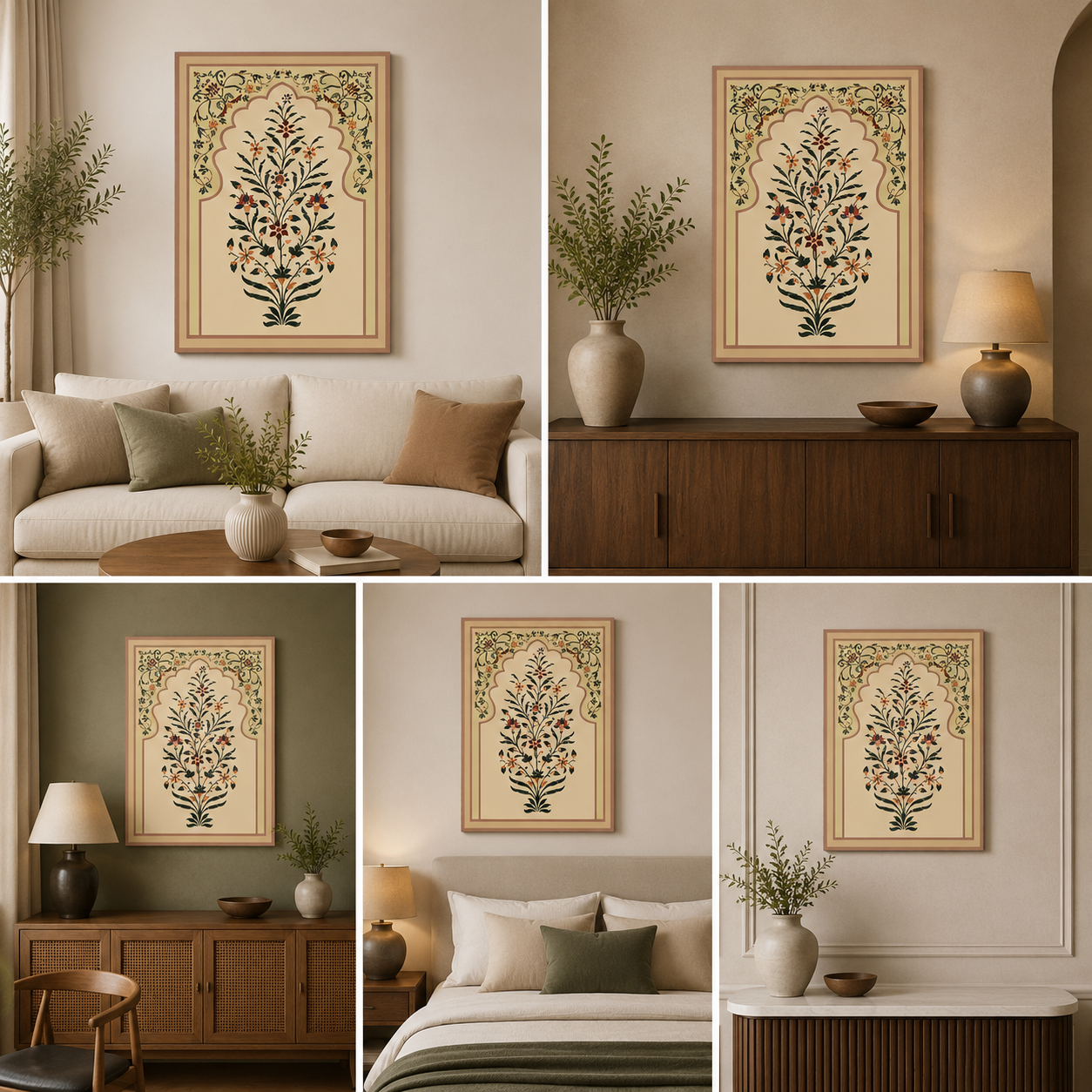 Floral Arch Canvas Wall Painting | Mughal Inspired Botanical Artwork | Elegant Traditional Wall Decor