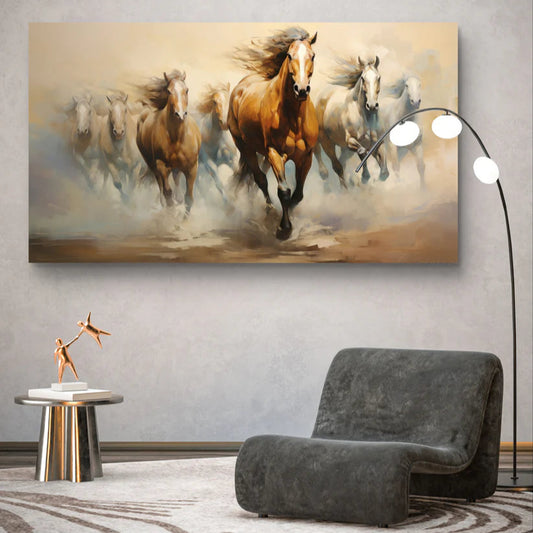 Painting of running horses on a wall above a modern chair and side table.