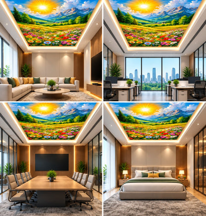 Mountain Meadow Ceiling Panel with Floral Landscape for Luxury Living Room Decor