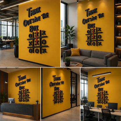 Creative Acrylic Wall Sign Think Outside The Box Tic Tac Toe Design – 3D Typography Wall Decor for Office, Startup & Workspace Interiors