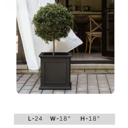 Large charcoal black square garden planter with traditional paneled design, 18 inch width and height for indoor outdoor décor