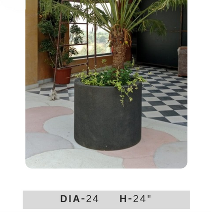 Large dark grey cylindrical planter with 24 inch diameter and height, contemporary decorative plant pot for living room, patio, balcony and garden styling