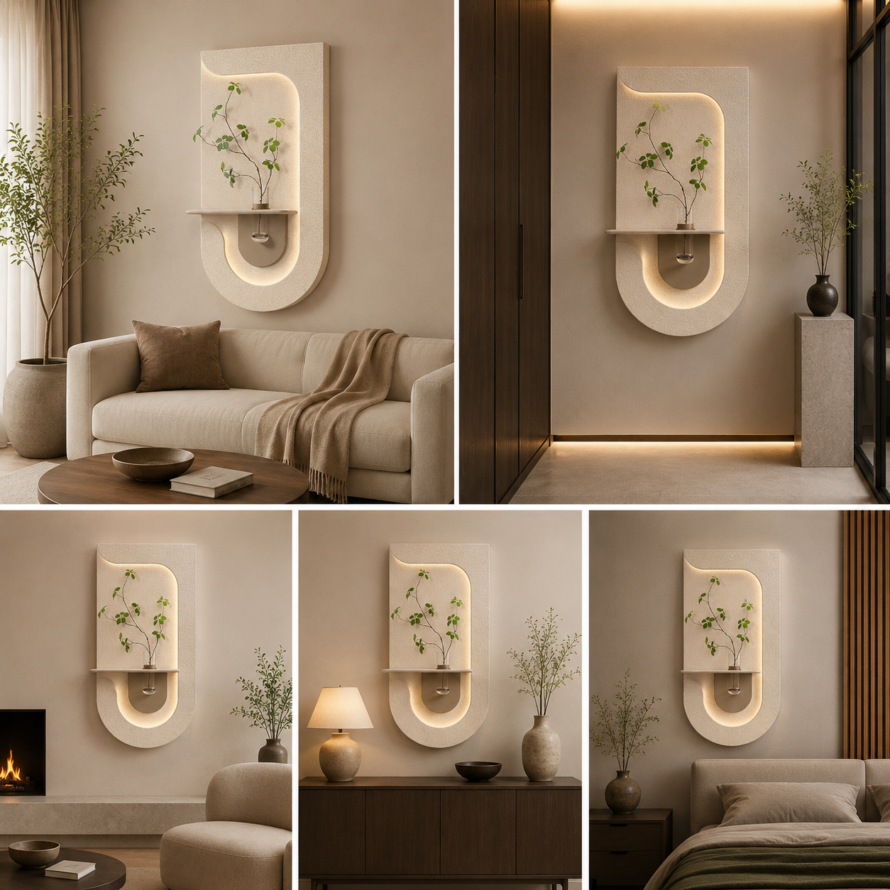Modern LED Abstract Wall Vase Shelf | Backlit Textured Wall Panel with Glass Flower Holder | Minimalist Luxury Home Decor