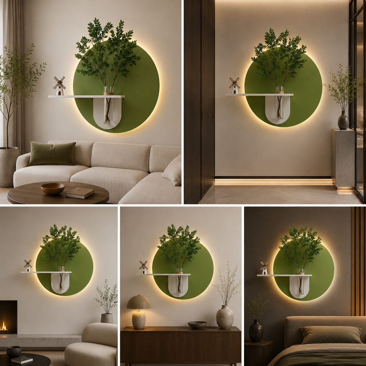 Modern LED Dual Tone Circle Wall Vase Shelf | Backlit Round Wall Art with Glass Flower Holder | Designer Home Decor
