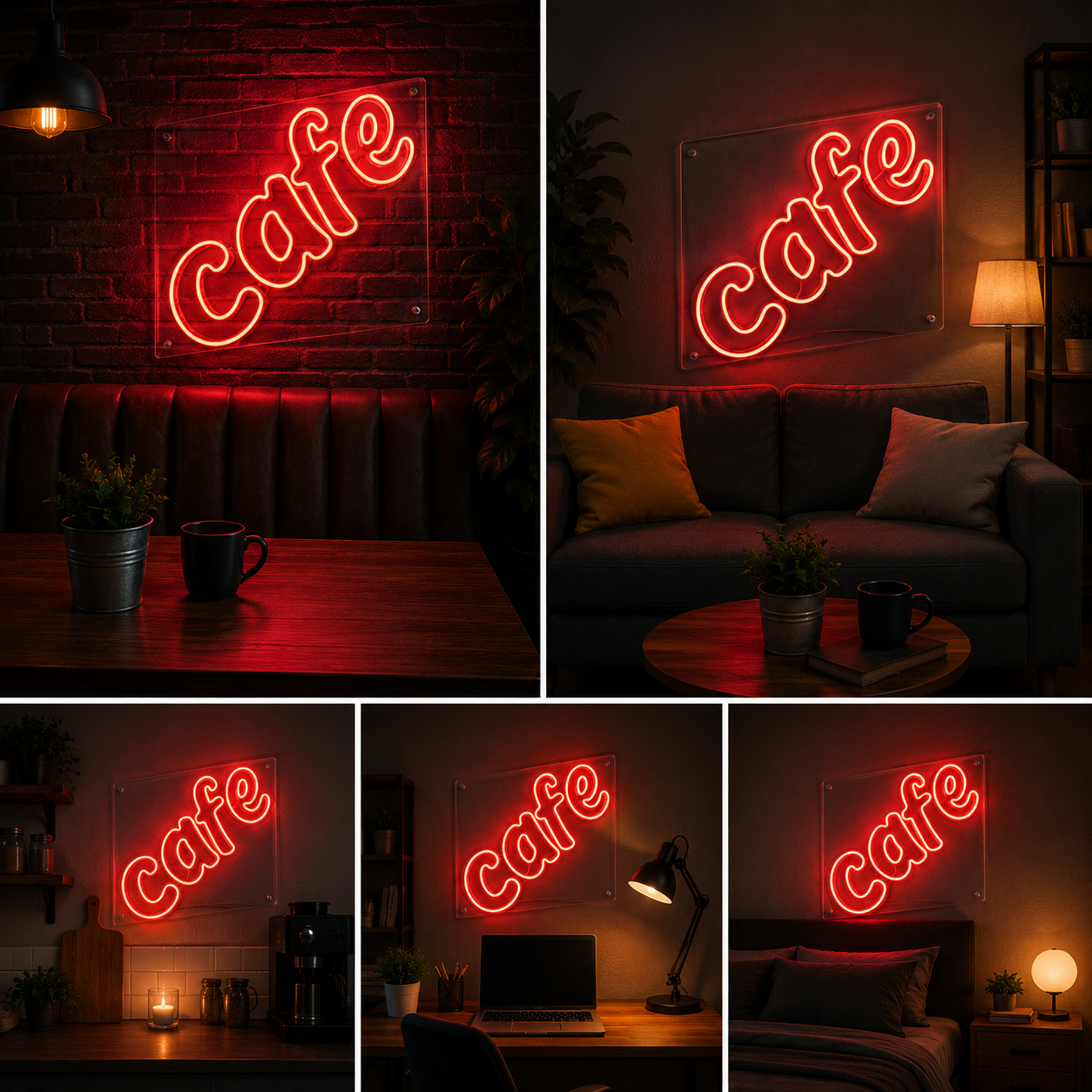 Cafe Neon Sign Board – Red Custom Neon Light Shop Wall Decor (20 By 10 Inches)